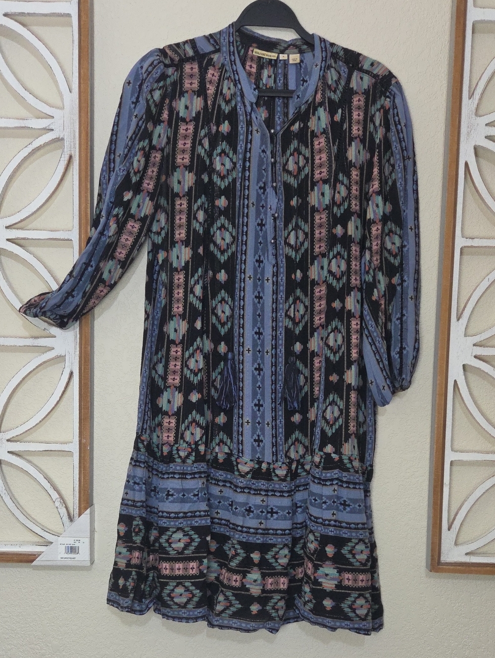 HOLDING HORSES-Anthropology Blue and Black Boho Geometric Tunic Dress